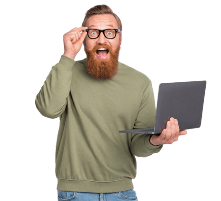 Spring into high speed unlimited internet. A TekSavvy customer excitedly uses his high speed, unlimited internet.